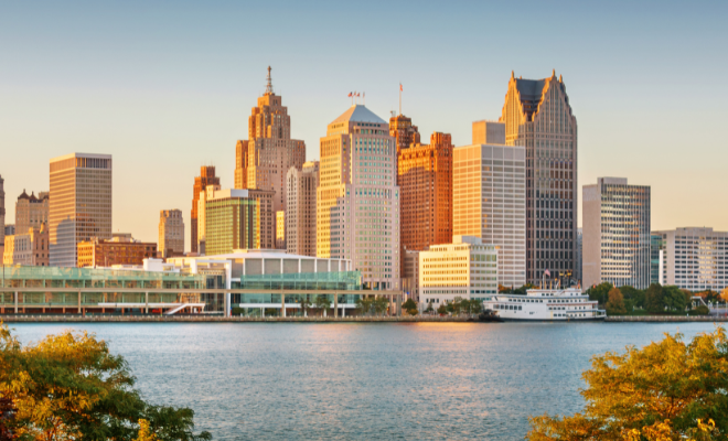 Detroit skyline near Huntington Place